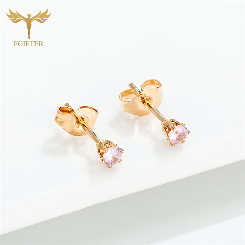 12 Pairs Lot 3mm Pink Zircon Earrings Set Women Small Crystal Stud Earings Gold Color Stainless Steel Jewelry Accessories Gifts