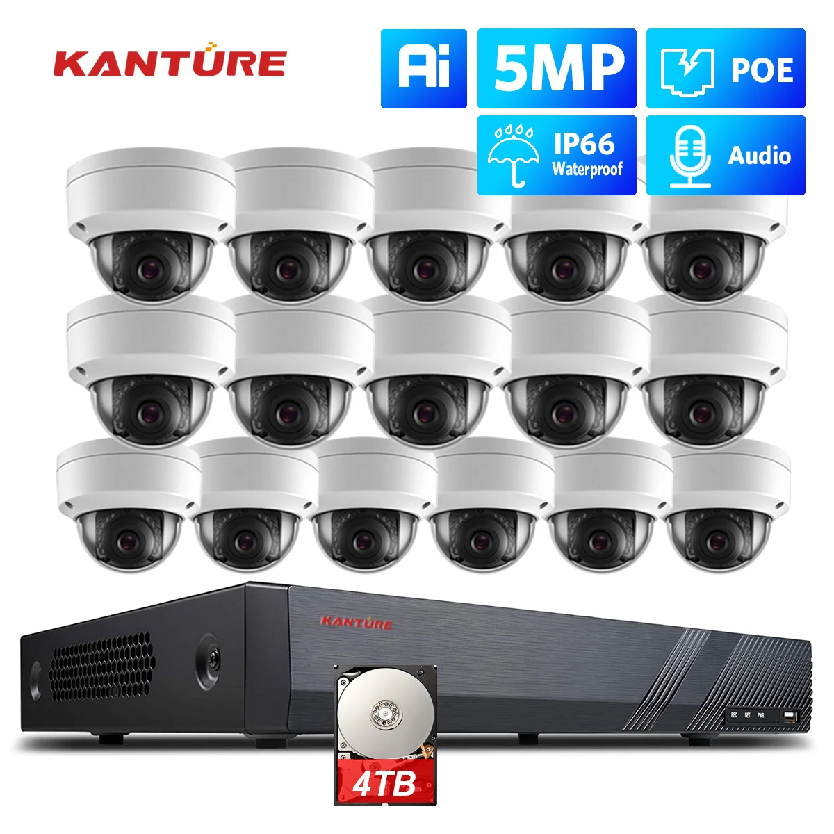 KANTURE H.265 16CH 5MP CCTV Security Camera System 5MP Vandalproof POE Indoor Outdoor Waterproof Audio Camera Kit 4K NVR XMEYE