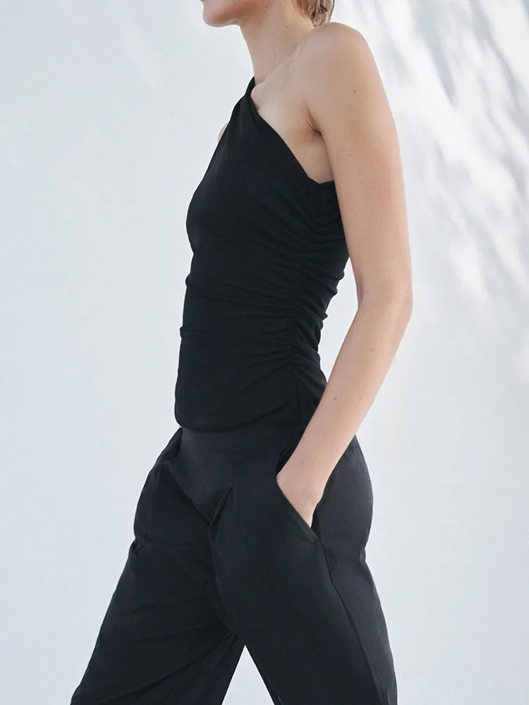 

Slimming Effect Summer New Women's Asymmetrical oulder Bared Folded Decoration Fitting Uneven Top Commute Sle ort Lengt...