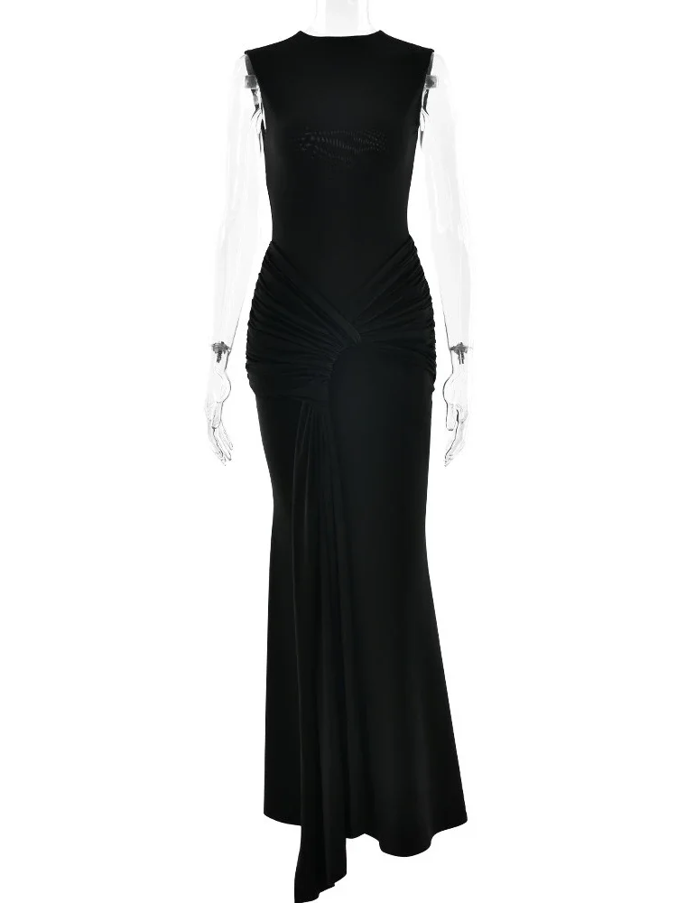 Chaxiaoa Abito lungo sexy con volant drappeggiato senza schienale Abito da donna Elegante scollo a O senza maniche a vita alta Skinny Club Party Abiti lunghi