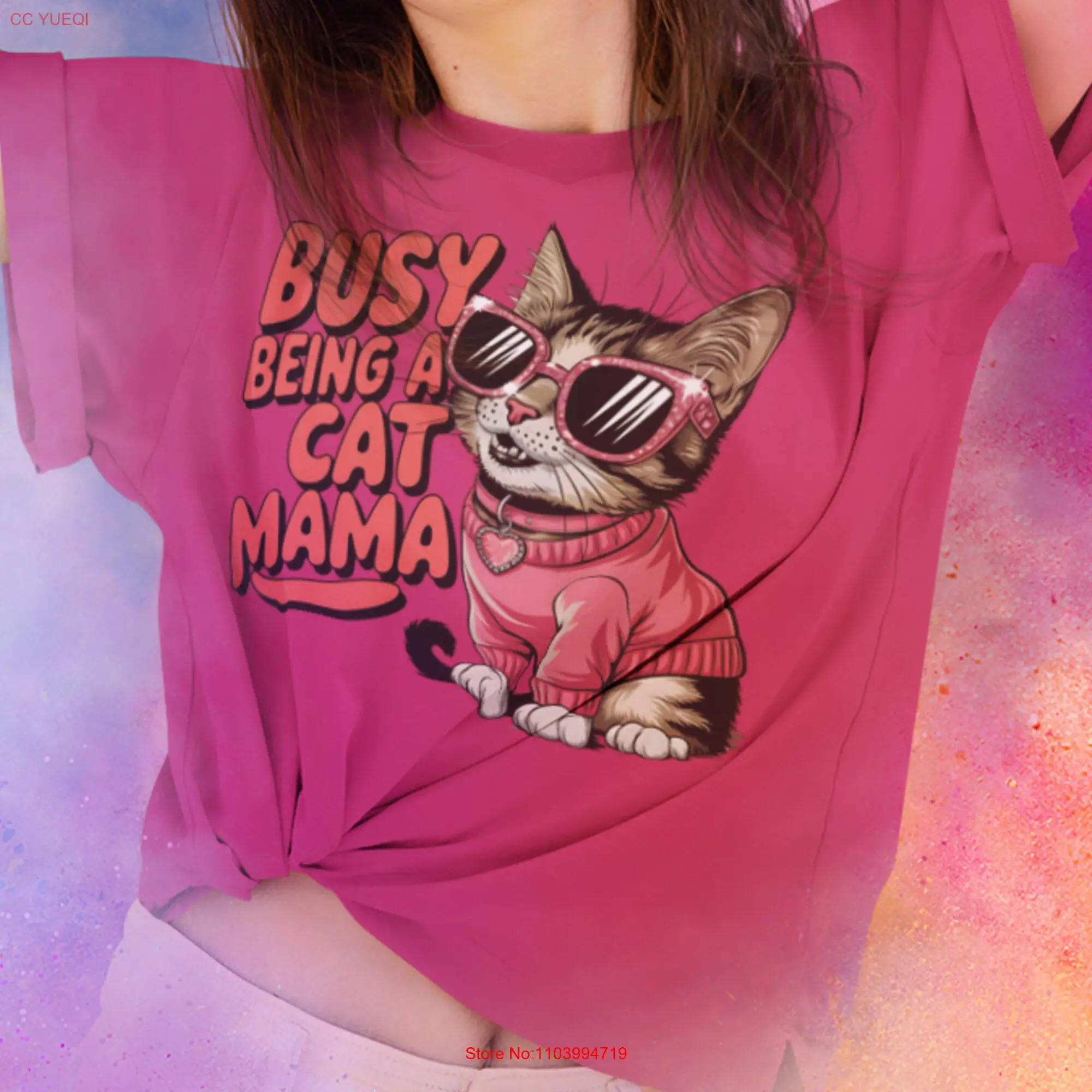 Cat Mama T Shirt Being A Momma s For Parent Sunglasses Kitten Cartoon Feline Mom long or short sleeves