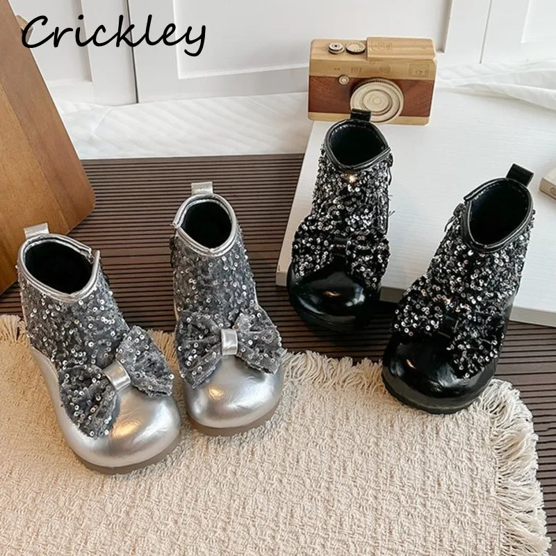 Bling Bow Girls Fashion Boots PU Leather Zip Kids Ankle Shoes Spring Autumn Soft Sole Non Slip Children Princess Boots