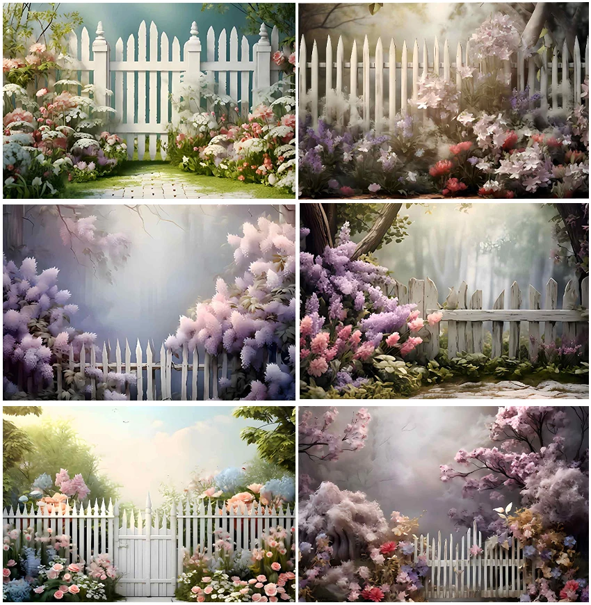 

Spring Wooden Fence Flowers Floral Backyard Garden Backdrops Happy Easter Natural Scenic Photographic Baby Shower Backgrounds