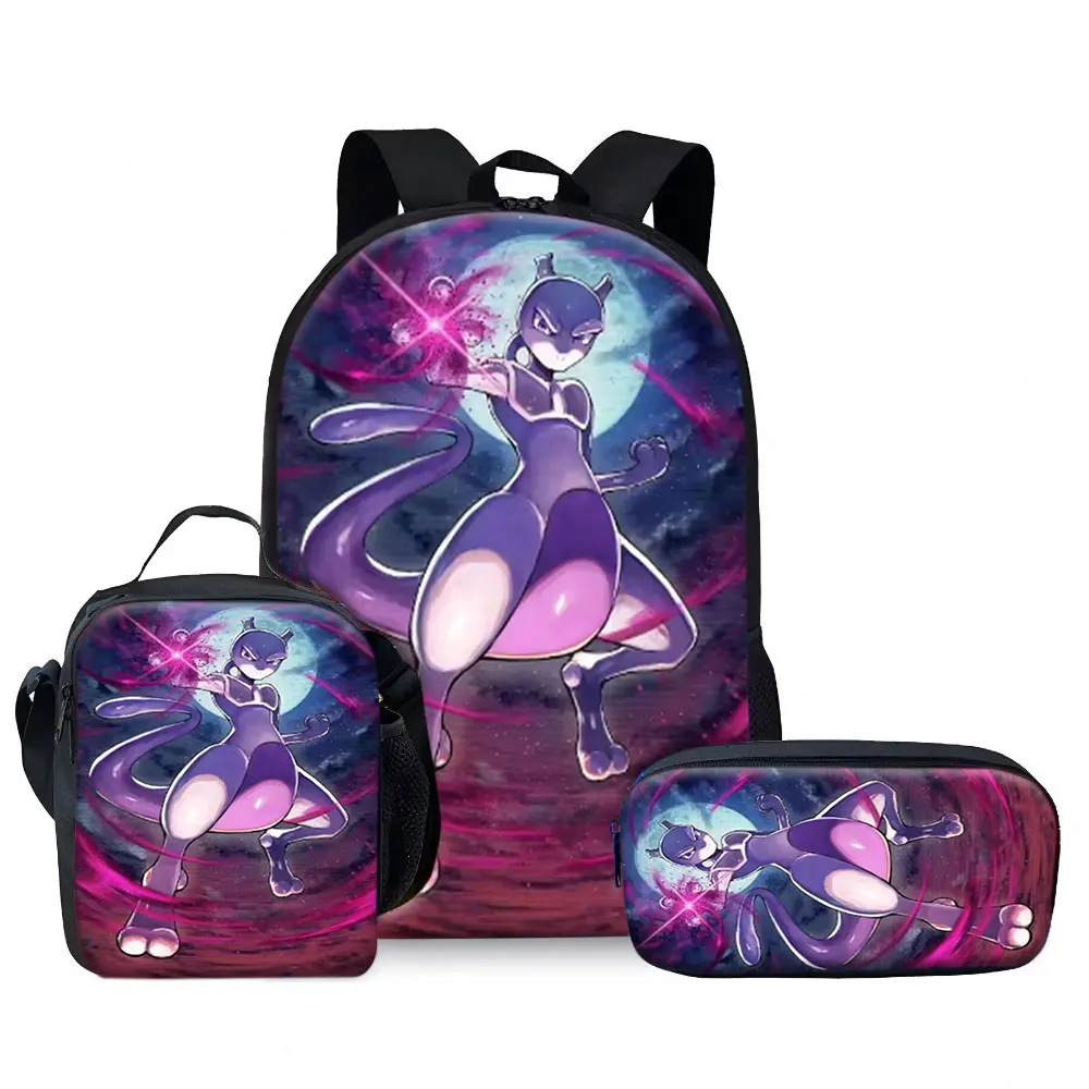 Kids Bag Pokémon Mewtwo 3pcs Backpack Set Anime Print Breathable Shoulder Bag Lunch Box Pencil Case for Boys Girls School