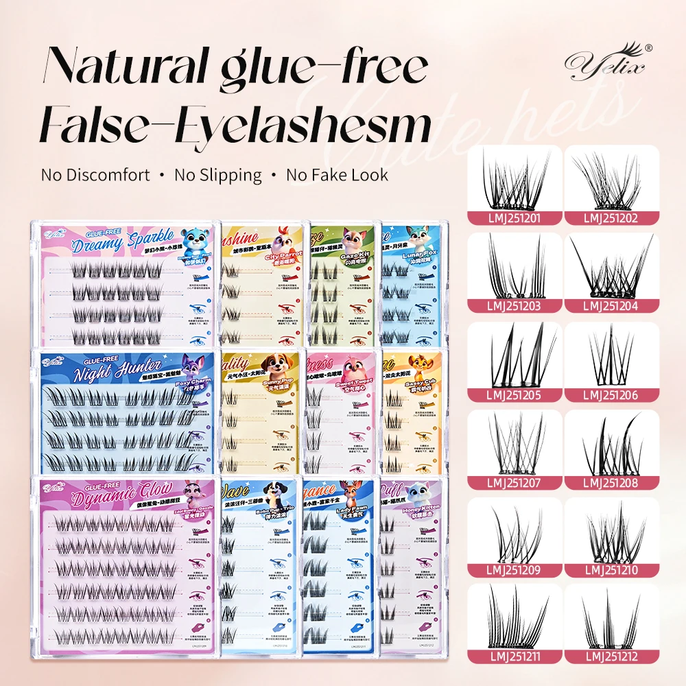 Yelix DIY Cluster Wimpern, kleberfreie selbstklebende Wimpern im Fuchsstil, 6 Reihen, koreanisches U-förmiges Make-up-Werkzeug für falsche Wimpern