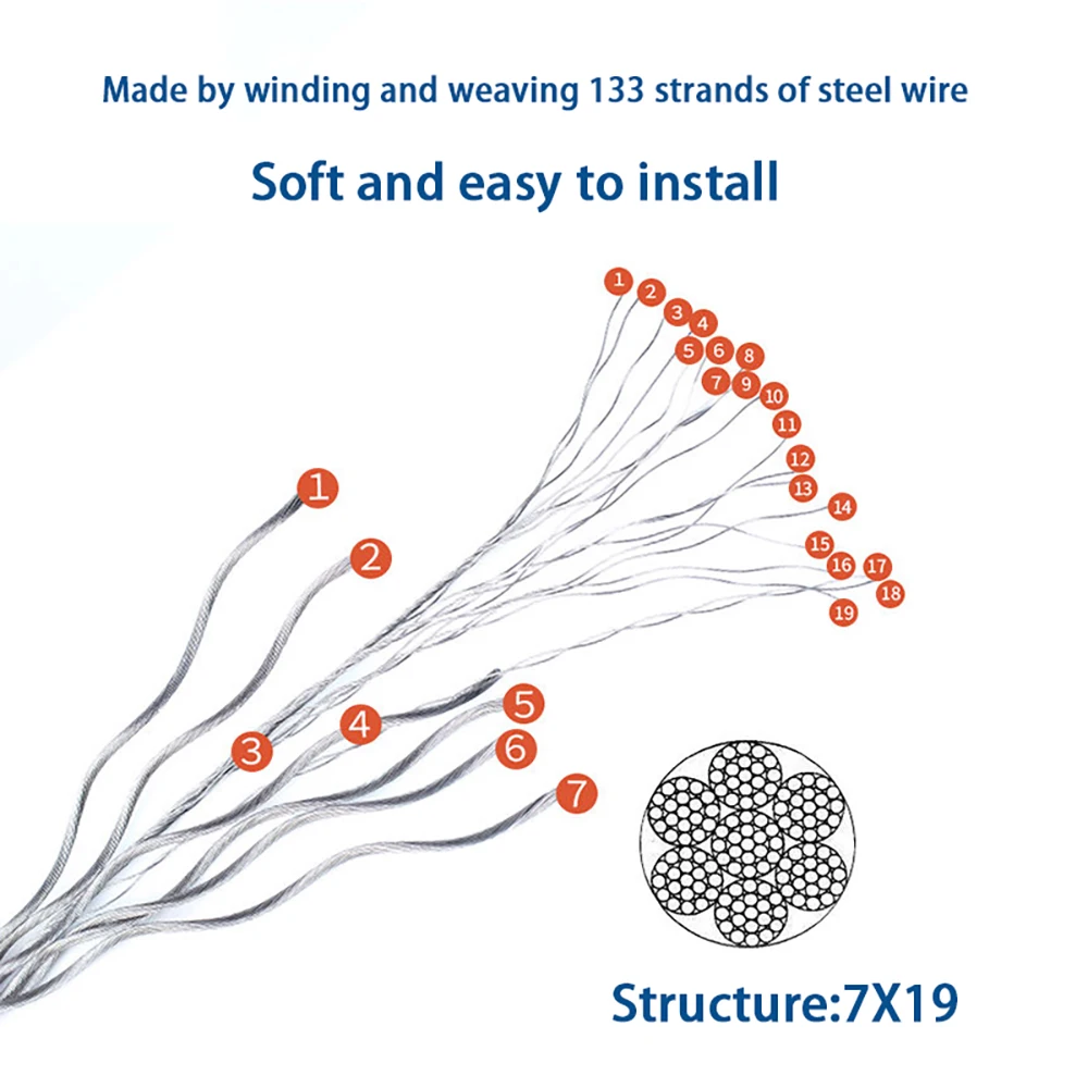 Hongtu 1M/5M/10M 304 Stainless Steel Lifting & Fishing Cable - 7x19 Strands, 1mm-16mm Diameter | Compatible with Fasteners