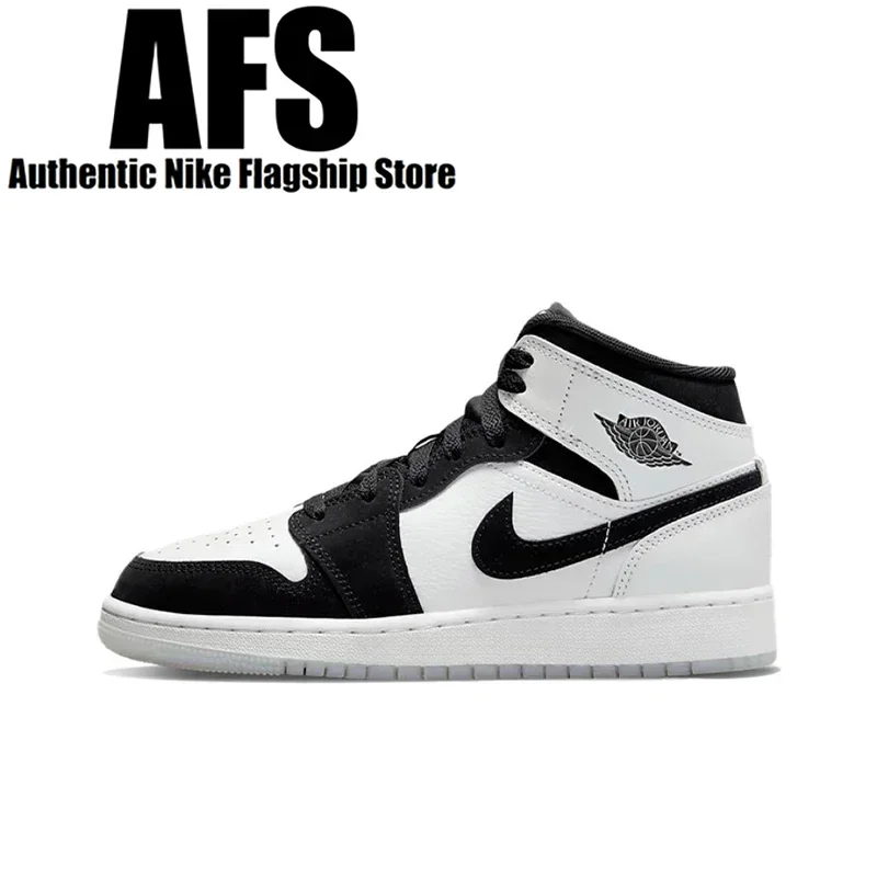 Original Air Jordan 1 Mid 'Oreo'Black and White Color GS Size For Women Classic Retro Basketball Sneakers Shoes DN4321-100