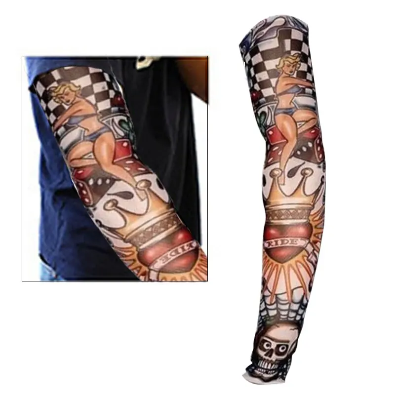 2 ชิ้น ลายสักปลอมแบบแขน, ปลอกแขนลายสักชั่วคราวแบบยืดหยุ่นทำจากไนลอน, ลายสักปลอมสำหรับผู้ชายเท่ๆ