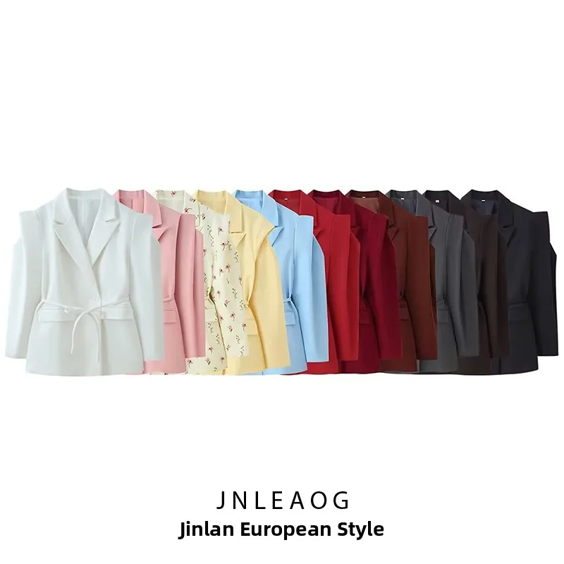 

Модный женский пиджак с широкими плечами и поясом на талии, весенняя новинка, из полиэфирного волокна, повседневная одежда