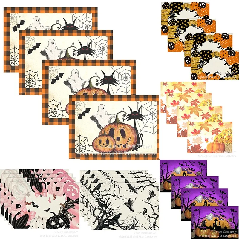 Halloween Linen Pumpkin Head Ghost Printed Placemat Nordic Heat-Resistant Western Food Pad Home Dining Table Mat