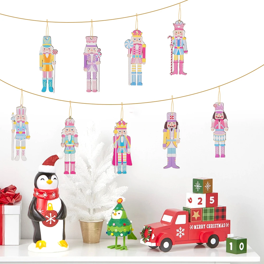 9Pcs New Christmas Nutcracker Soldier Macaron Wooden Pendant Xmas Tree Hanging Ornament Decoration for Home 2025 New Year Gift