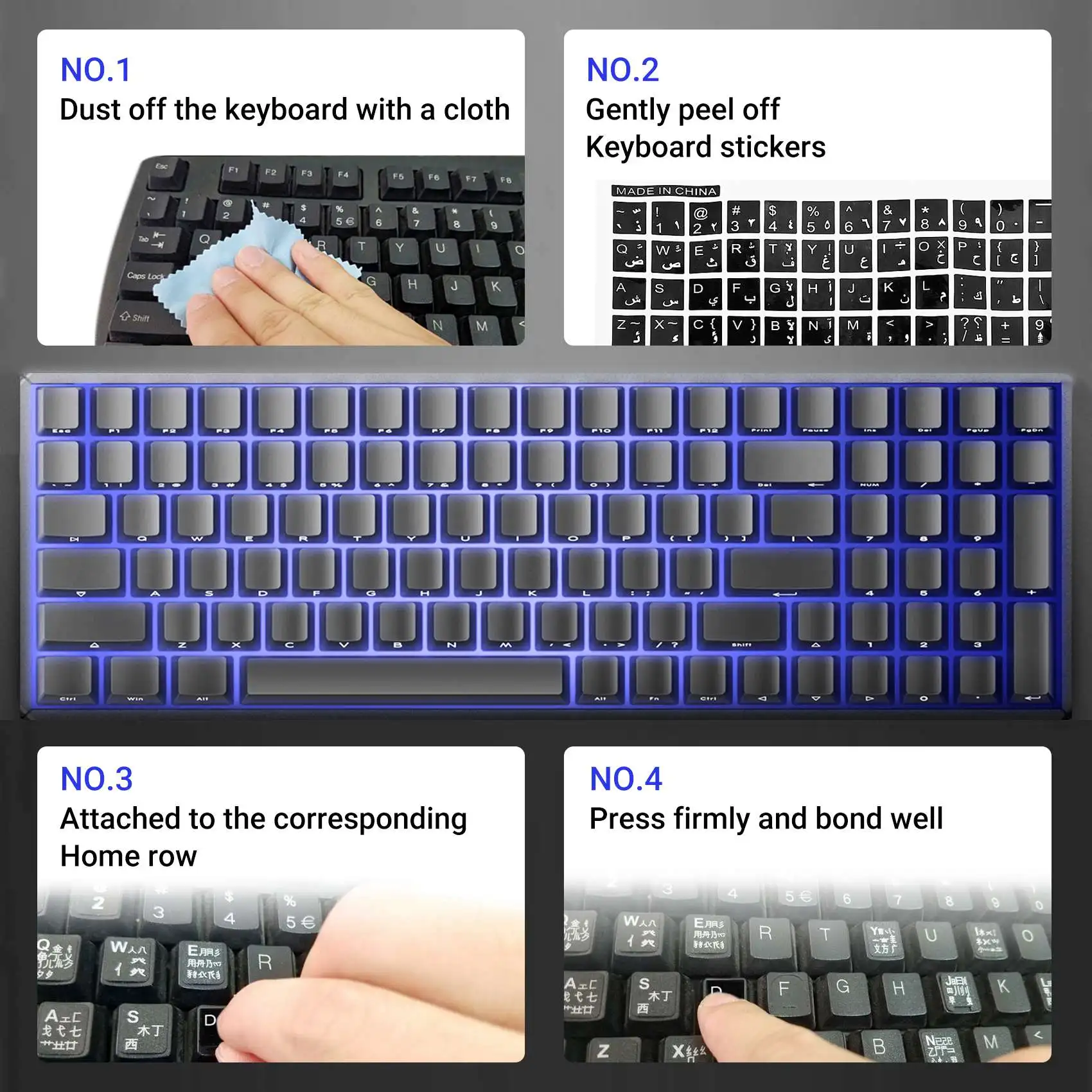 Árabe Inglês Teclado Sticker, Letras Brancas, Decalque para PC portátil, Preto