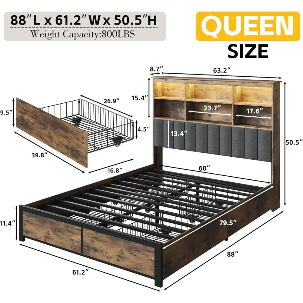 Lifezone Queen Bed Frame with Headboard, Queen Bed Frame with High Storage Bookcase Headboard,4 Storage Drawers