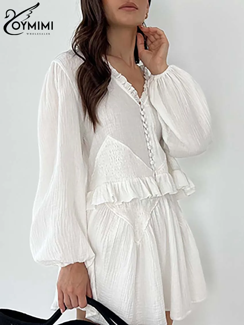 

Oymimi Casual White Cotton Womens 2 Piece Outfit Set Fashion Long Sleeve Single Breasted Ruffled Shirts And Mini Skirts Sets