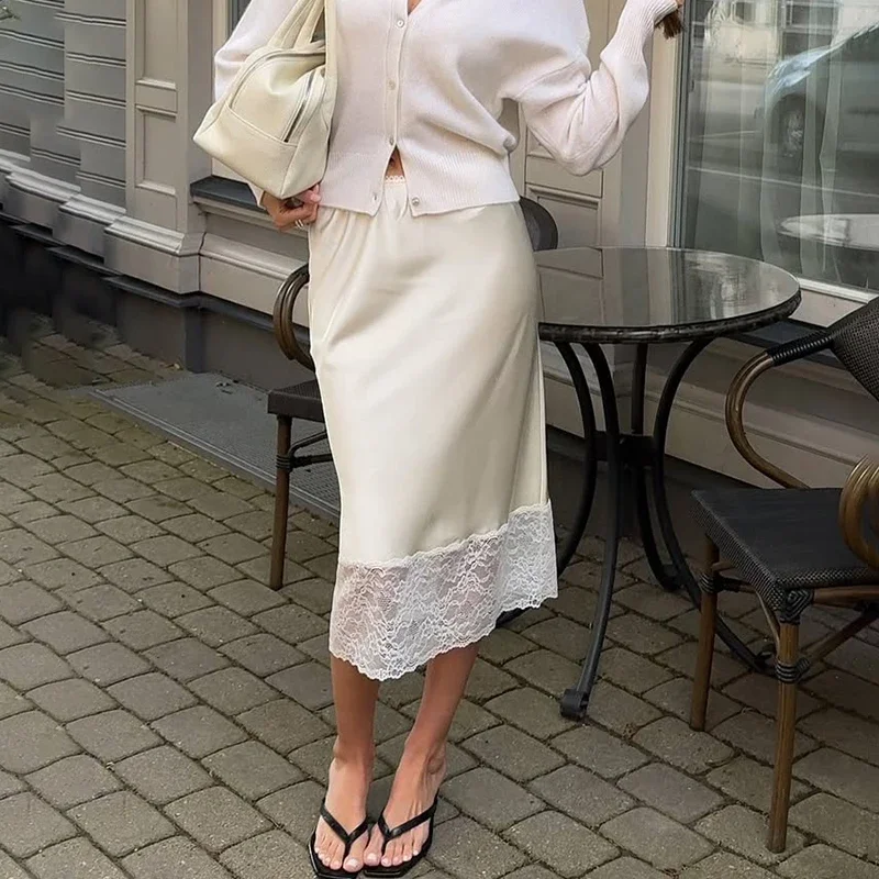 

Кружевная юбка, женская элегантная атласная длинная юбка с высокой талией, офисная женская юбка, лето 2025, новые модные однотонные женские юбки