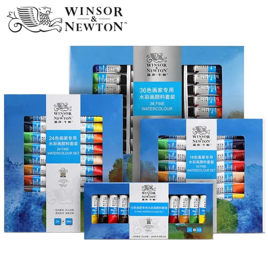 Winsor&Newton Fine zestaw akwareli 12/18/24/36 kolorów 10ml tubki akwarela dla początkujących pędzel do malowania materiały do rysowania