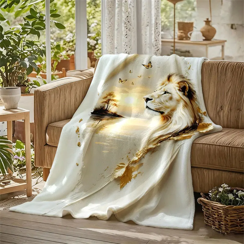 White Lion Sunset Gold Brush Flannel Blanket Perfect for Sofa Office Bed Travel Sleep Read Relax Camping Four Season Use