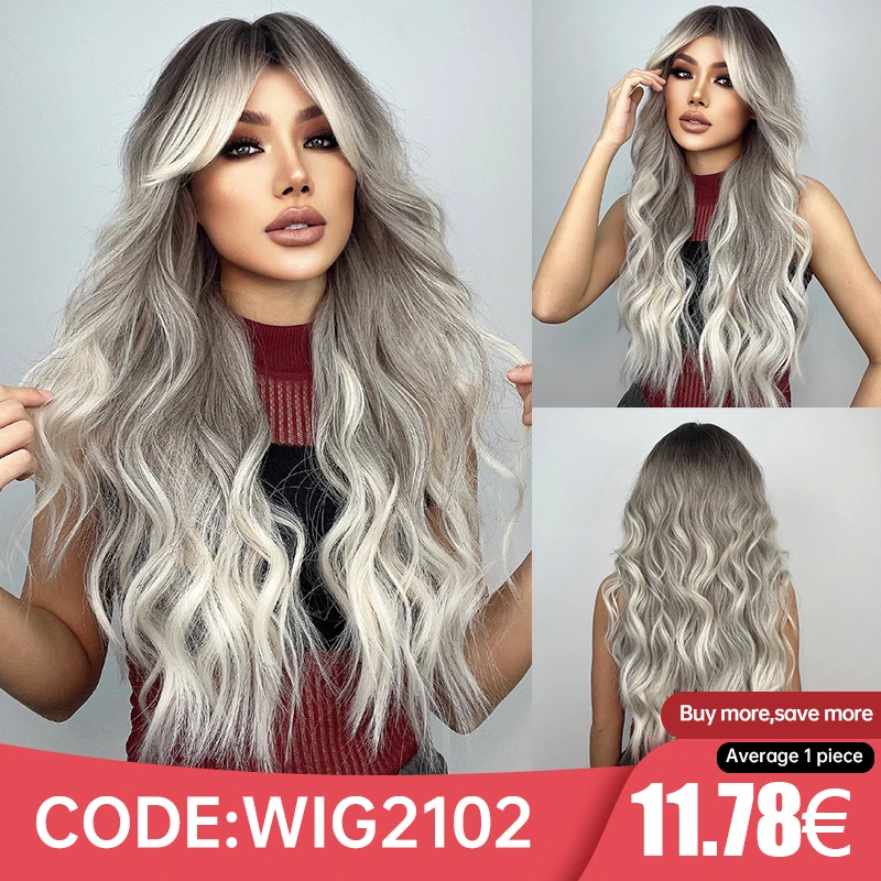 Perruque Synthétique Longue Ondulée Grise avec Frange pour Femme, Cheveux Bouclés Naturels, Afro, Degré de Chaleur, Ombre, Marron, Blonde, Cosplay