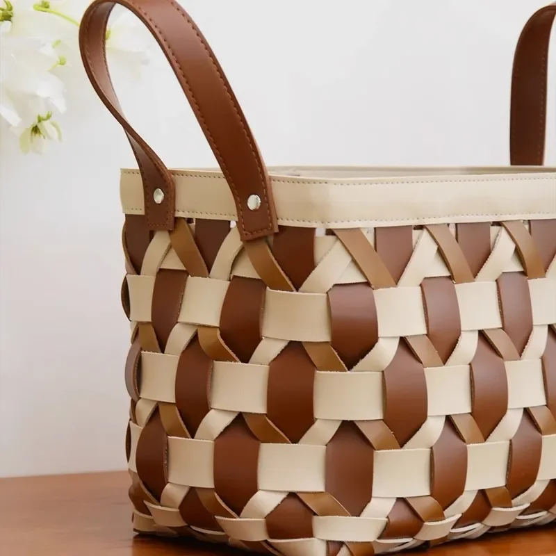 Retro Woven Leather Laundry Basket Luxury Dirty Clothes Hamper for Living Room Bedroom Storage Organizer Home Decor High