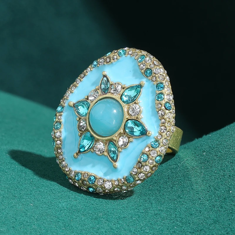 

Large Blue Enamel Vintage Rings Glazed Crystal Jewelry Flower Hexagram Retro Luxury For Girls Antique Gold Plated Designers