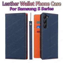 Genuine Leather Flap Phone Case with Hanging Rope, Fit for Samsung Galaxy S24, S23, S22, S21, S20FE, S10, S24 Ultra, S23 Plus