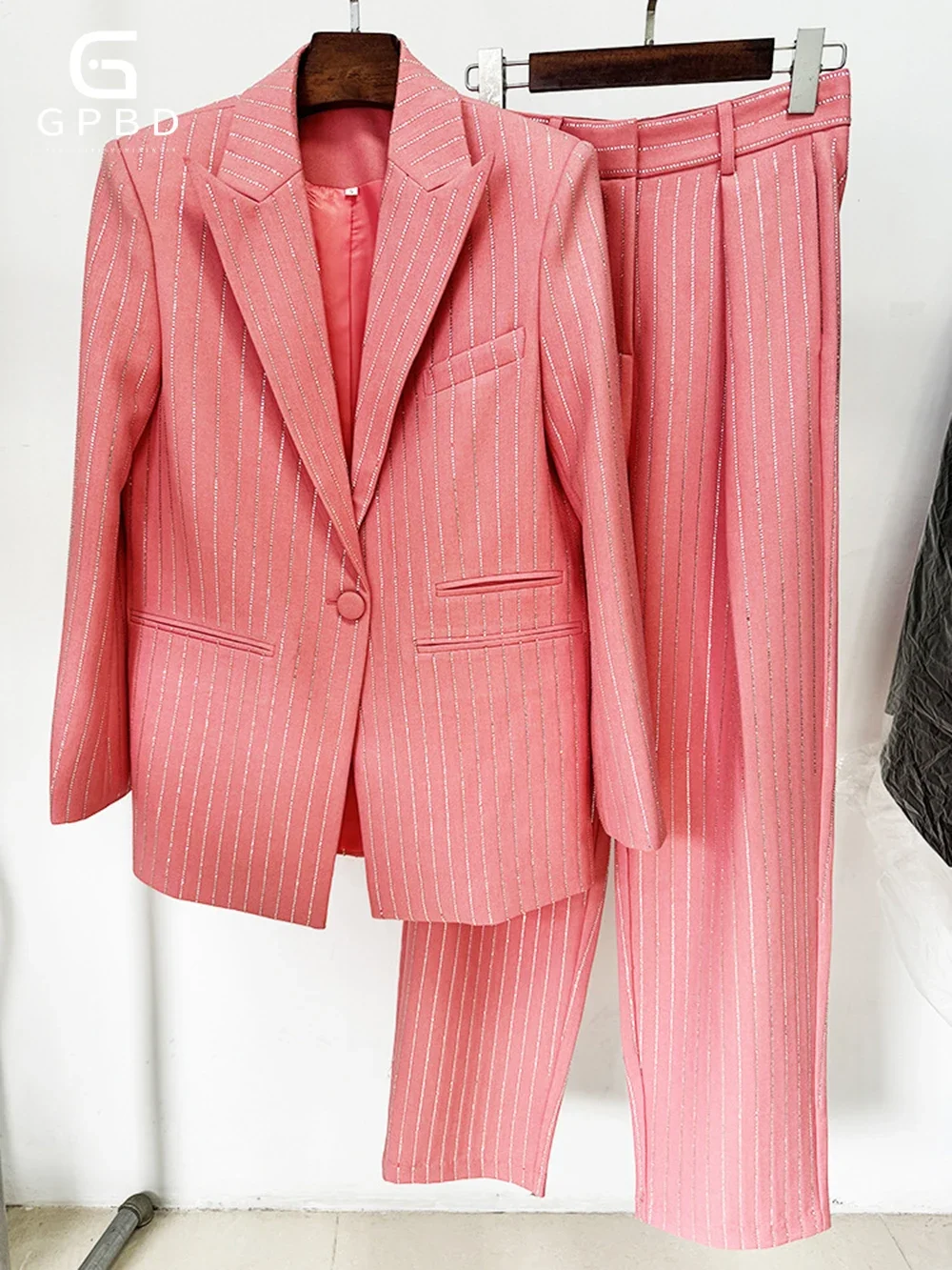 Fashion Autumn Pant Suit Women Hot Drill Striped Female Runway Work Wear Jacket Blazer and Trouser Formal 2 Piece Set