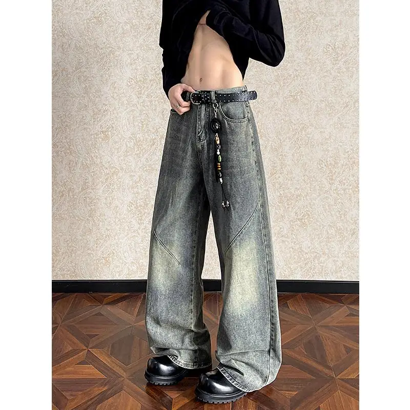 Джинсы с прямыми штанинами, мужские ностальгические джинсовые брюки в стиле ретро, мешковатые новые длинные джинсы, персонализированные брюки с заплатками, джинсы с перетаскиванием