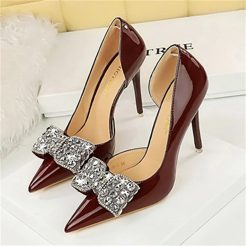 BIGTREE Sexy Party High Heeled Stiletto Heels Pointy Hollow Patent Leather Rhinestone Butterfly-Knot Women Pumps Shoes