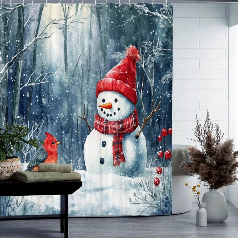 Snowman and Cardinal Waterproof Shower Curtain - Winter Forest Design,Anti-Mold,Easy to Clean, Durable Fabric