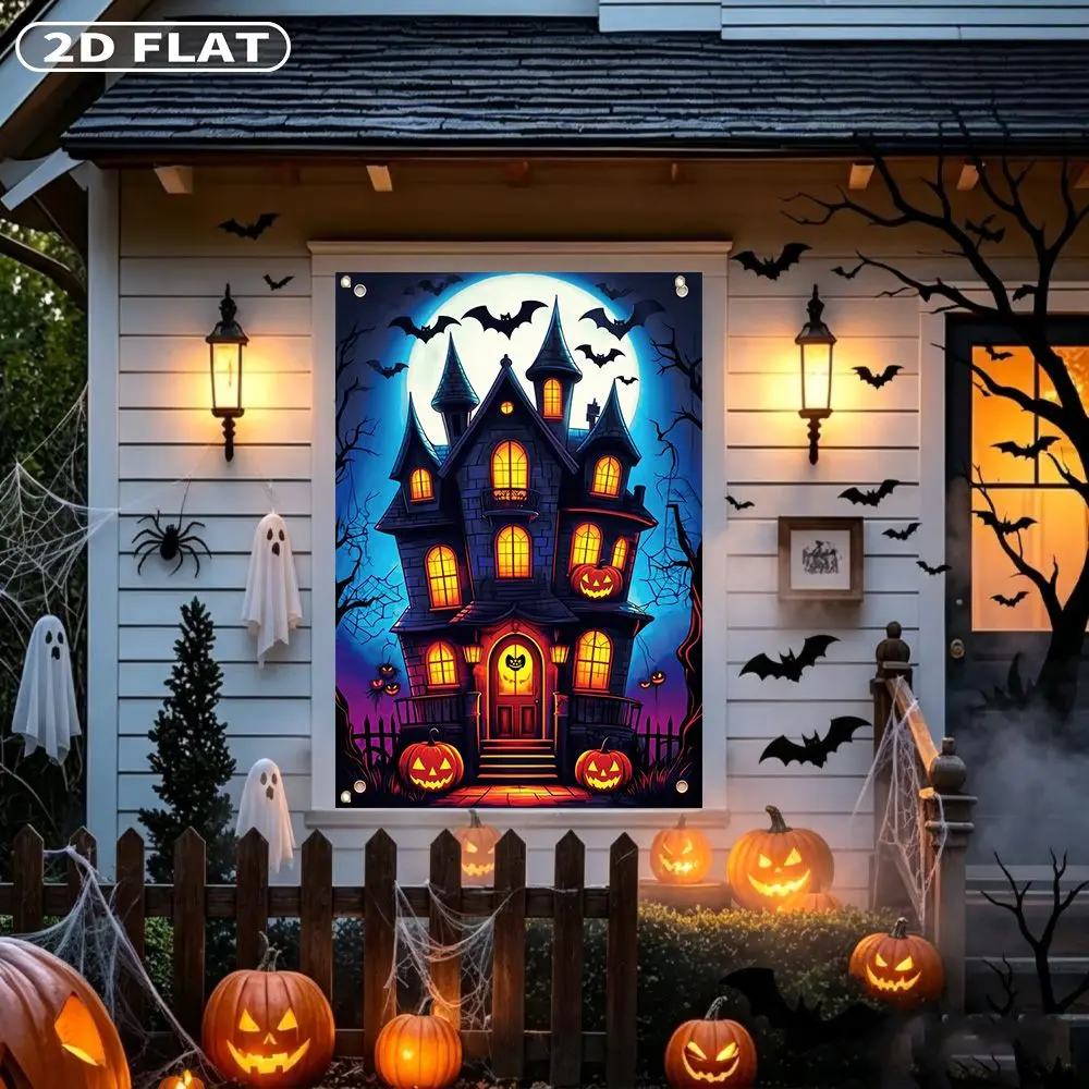 2D FLAT 1pc Party Banner, Halloween Window Cover with Haunted House with Pumpkins and Bats Under Moon, 122x88cm, Polyester