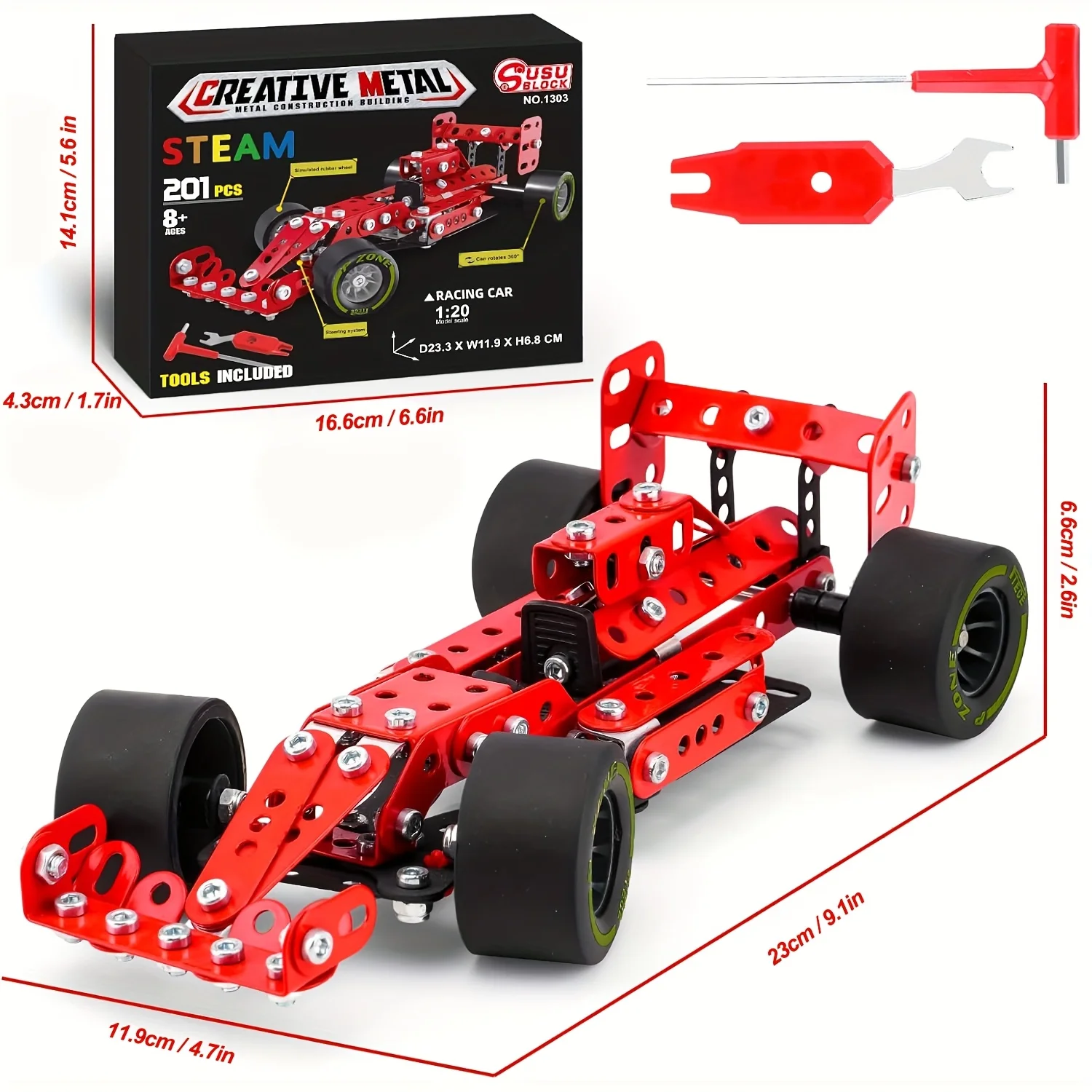 

Building Kit Car Model, 1:20 Scale Race Car Metal Model STEM Project Building, Erector Set STEM Projects Toys for Boys 8-12, Red