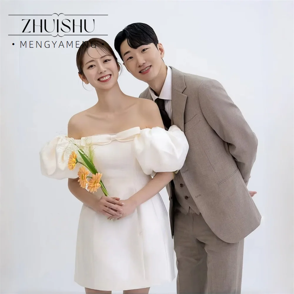 Elegant Strapless Korea Wedding Dresses Short Puff Sleeve Photos Shoot Dress Customized Bow Short Mini Bridal Party Gown