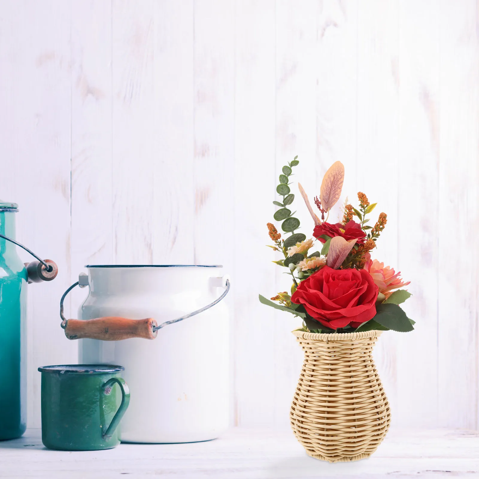 

Decorative Flower Vase Imitation Rattan Woven Design Rustic Tabletop Decoration For Home Office Indoor Dried Flowers