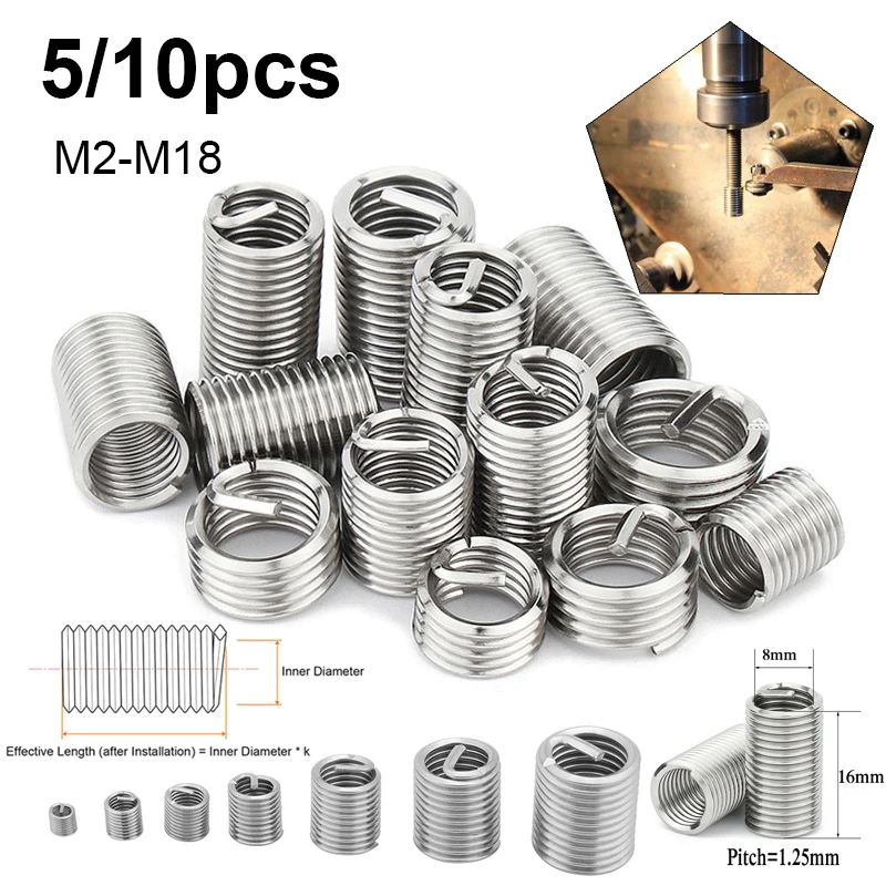 5/10pcs 304 stainless steel thread insert M2-M18 screw coil sleeve spiral oil thread repair insert screw tooth thread sleeve