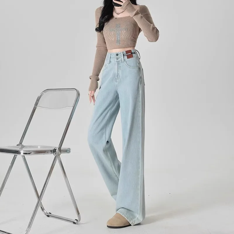 ربيع 2025 جديد المرأة عالية الخصر واسعة الساق الجينز التخسيس إخفاء الطابق طول السراويل القطن تمتد سراويل جينز