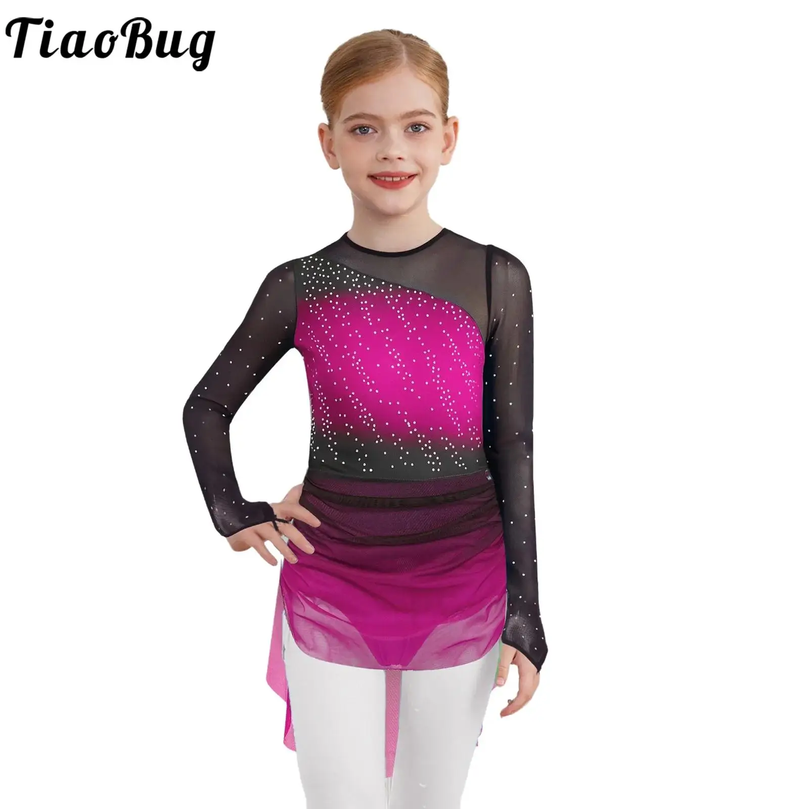 

Girls Figure Skating Rhythmic Gymnastics Costume Modern Lyrical Ballet Dance Dress Rhinestones Long Sleeves Sheer Mesh Leotard