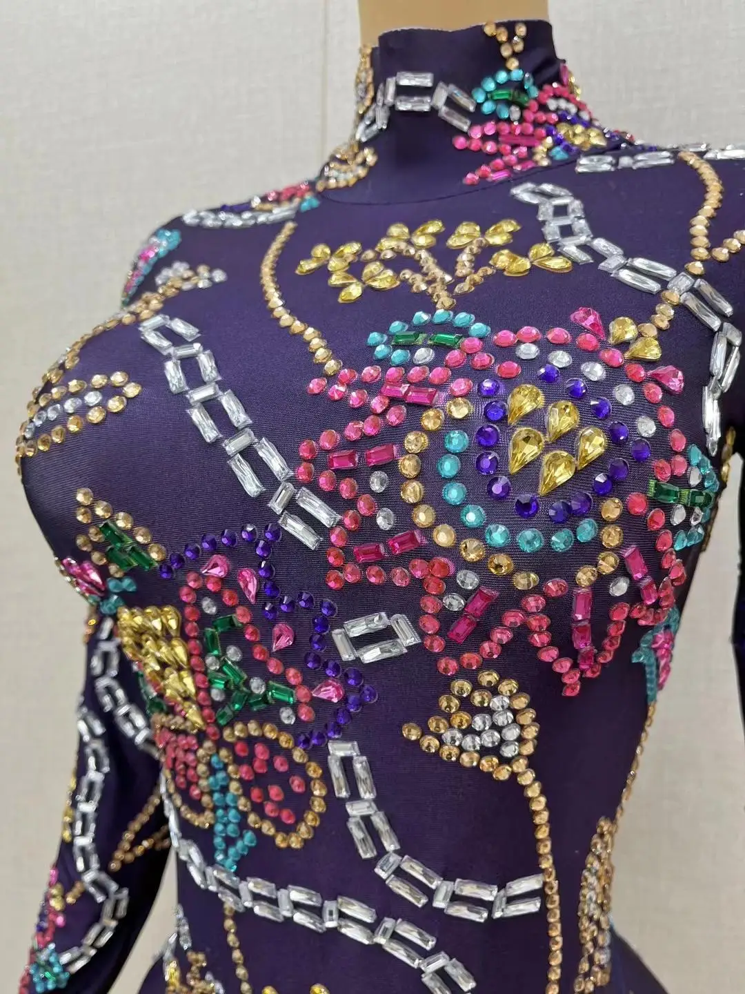 Women Flashing Colorful Rhinestones Purple Leotard Luxury Celebrate Sexy Outfit Long Sleeves Bodysuit Birthday Costume Jingu