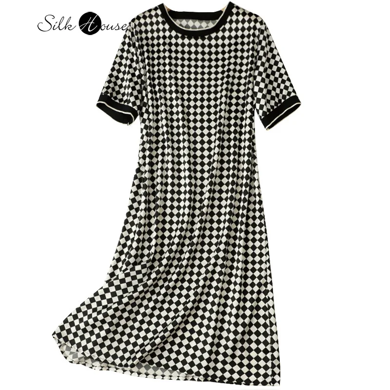 New Style Temperament Checkerboard Silk Dress Women\'s 2022 Summer Round Neck 100%Natural Mulberry Silk Short Sleeve Dress