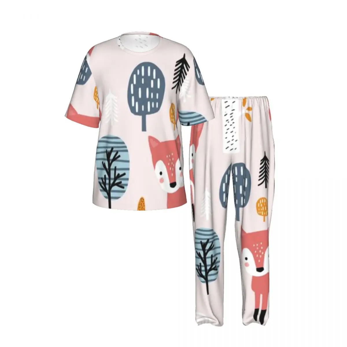 Men Pajamas Set Fox Mushrooms Forest Texture Short Sleeve Spring Summer Lounge Sleepwear Male Nightwear