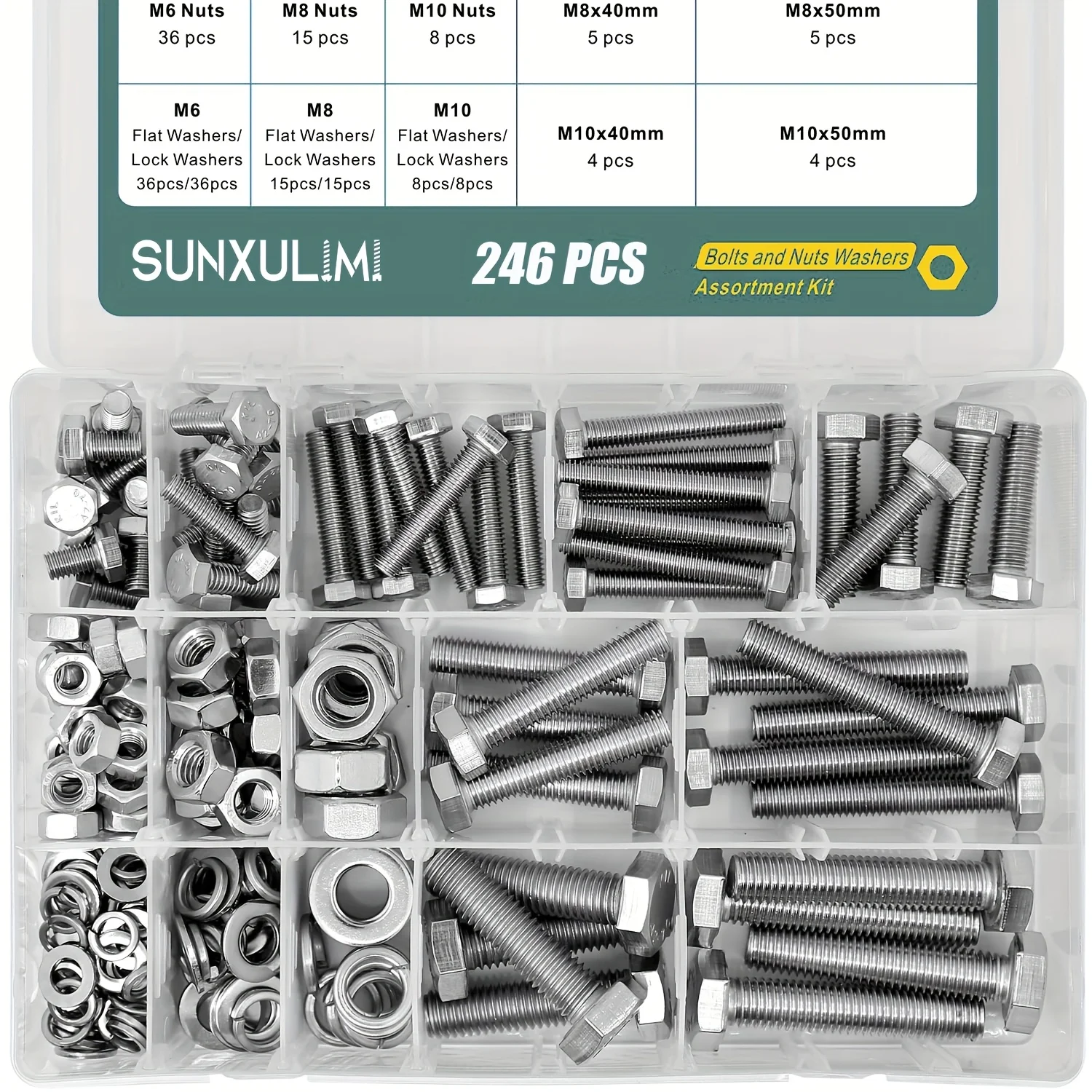 

246/594/730/1650PCS M4 M5 M6 M8 M10 bolt classification kit 304 stainless steel (type 18-8) Hex screw nuts and washers