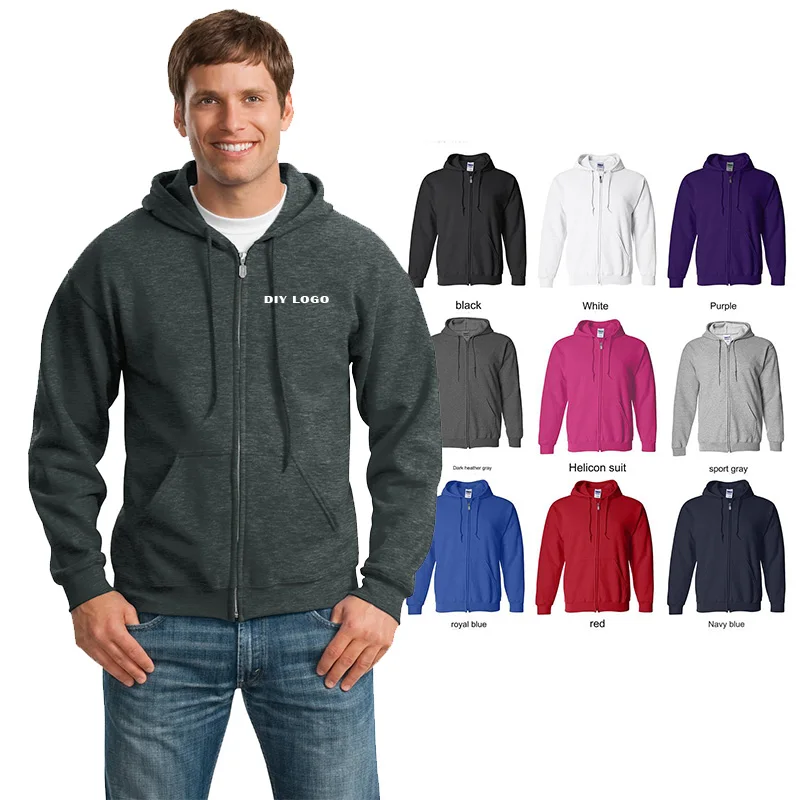 Logotipo personalizado 285gsm escovado zíper novo outono inverno casual grosso algodão masculino topo cor sólida hoodies moletom