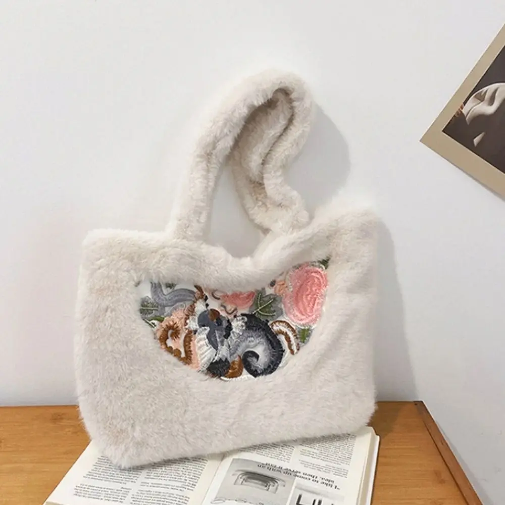 Headphone Storage Bag Chinese Style Handbag Large Capacity with Magnetic Buckle Tote Bag Fluffy Silk Change Pouch Winte