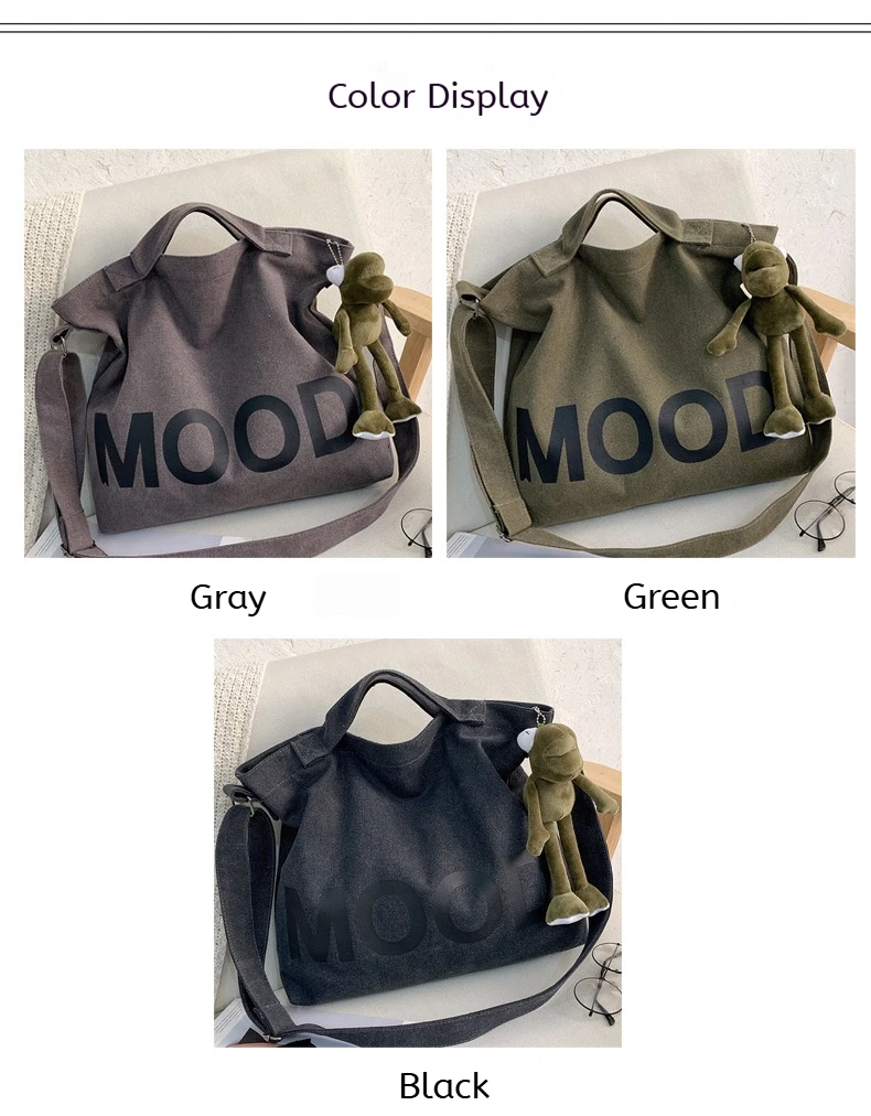 Große Canvas-Tasche mit Buchstaben-Aufdruck in Unifarben, Unisex-Modell mit Gleichem Canvas-Umhängeband, Große Kapazität Shopper-Tasche – Detail 2