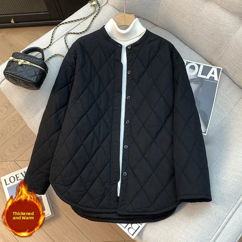 

Pure Cotton Jacket Women's Autumn Winter Casual Versatile Diamond Patterned Coat Thickened Commute Style Regular Length