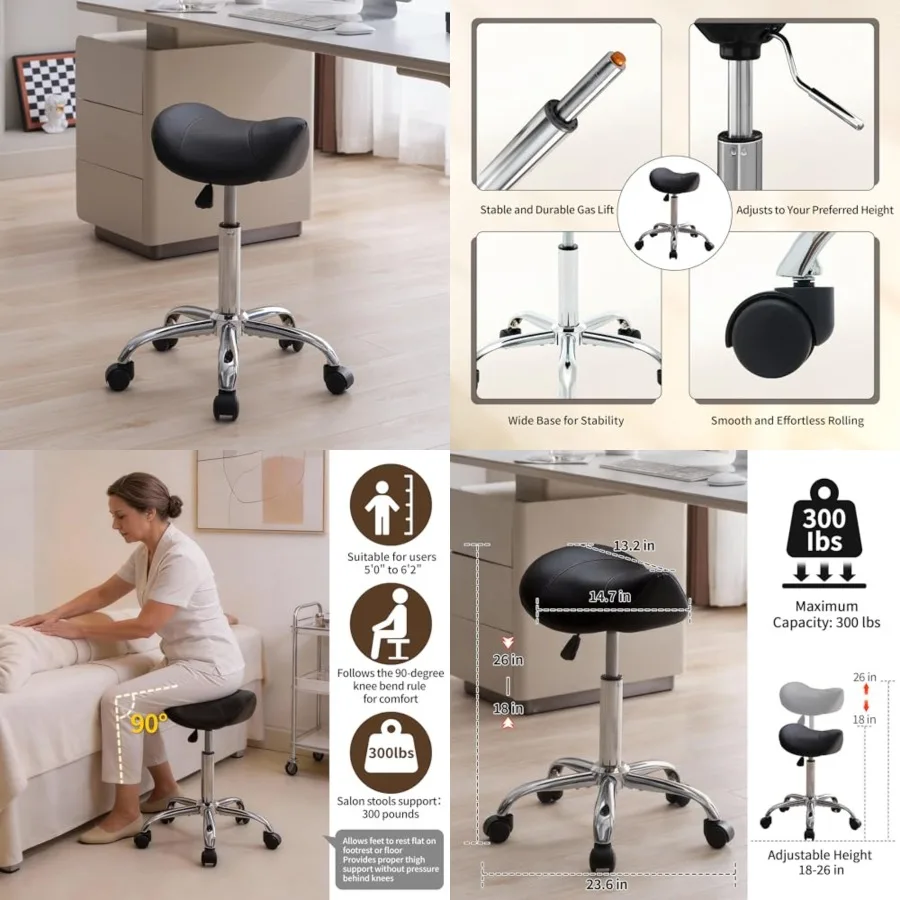 

Saddle Stool, Swivel Saddle Stools with Wheels, Adjustable Rolling Stool 18"-26", Faux Leather Rolling Saddle Stool for Salon,