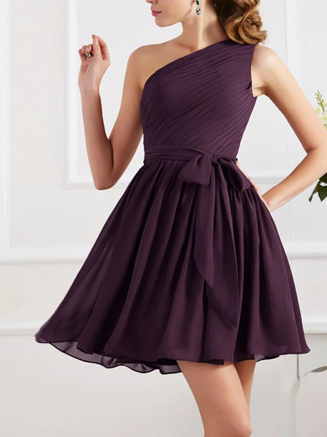 فستان حفلات الكوكتيل على شكل حرف a بدون أكمام بكتف واحد شيفون مطوي وشاح قصير لحفلات العودة للوطن 2025 مخصص مجاني #1