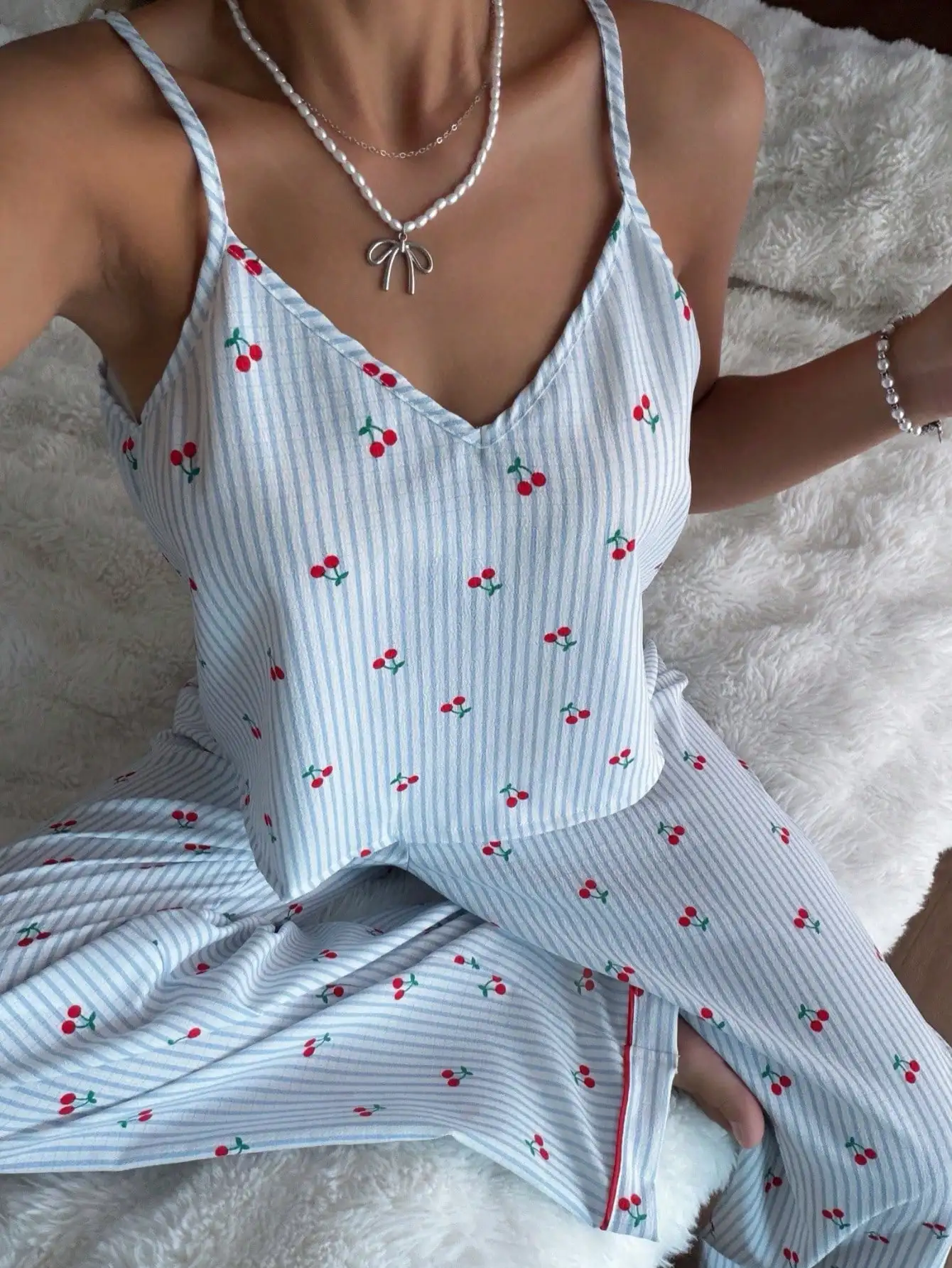 

Women's V-Neck Striped Cherry Print Camisole & Pants Pajama Set