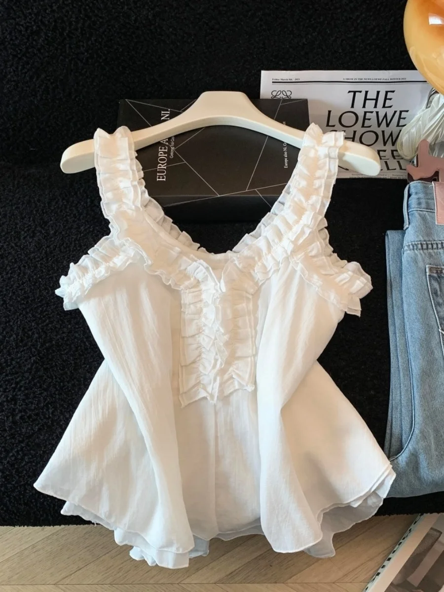 

Sweet Style Sleeveless Shirt Vest Women's Summer New Design Wooden Shoulder Exposure Top Beige Color Fashionable Women's...