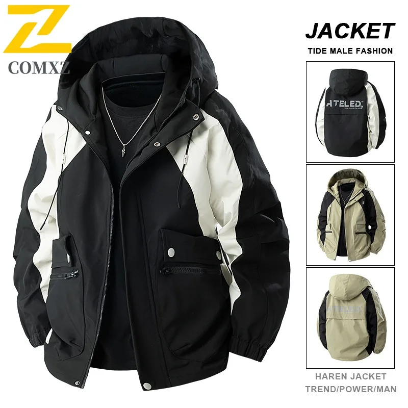 

COMXZ 2025 Spring Autumn Hooded Workwear Jacket Mens Loose Fit Waterproof Windproof Outdoor Print Fashion Coat