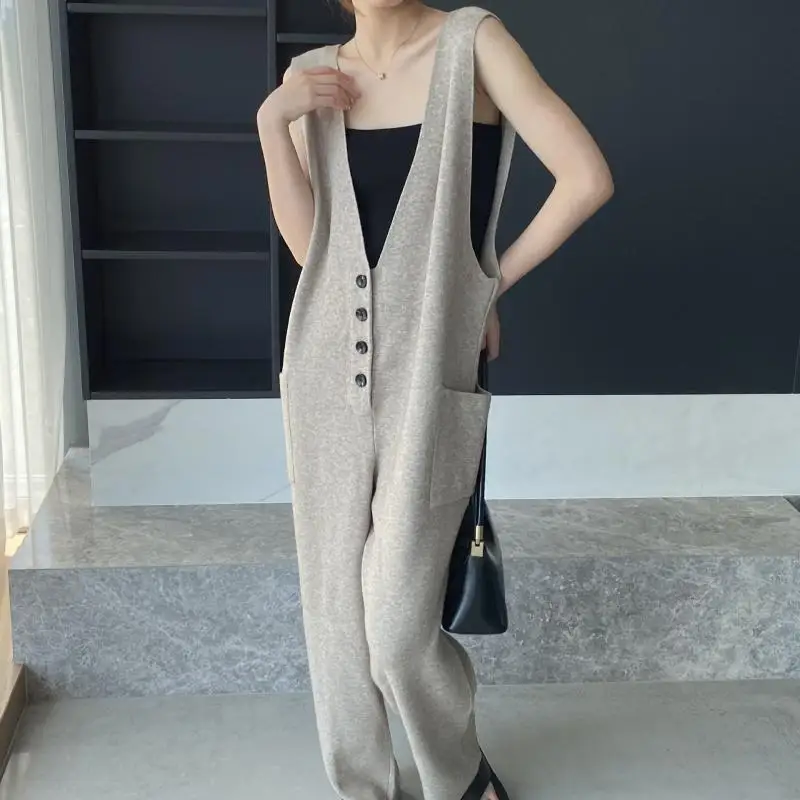 YUERWANG Women Jumpsuit 2025 Spring Fashion All Match Deep V Neck Sleeveless Single Breasted Solid Loose Casual Long Jumpsuits